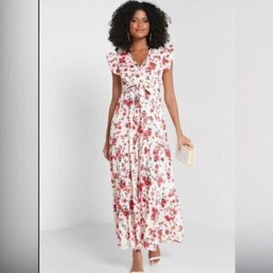 NWT Women’s V Neck Summer White Pink Floral Casual Maxi Dress Easter - Size SM